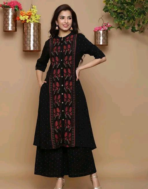 Rayon Printed A- Line Kurti Palazzo Set drape angle