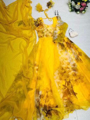 Digital printed organza silk Anarkali Salwar suit