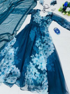 Digital printed organza silk Anarkali Salwar suit
